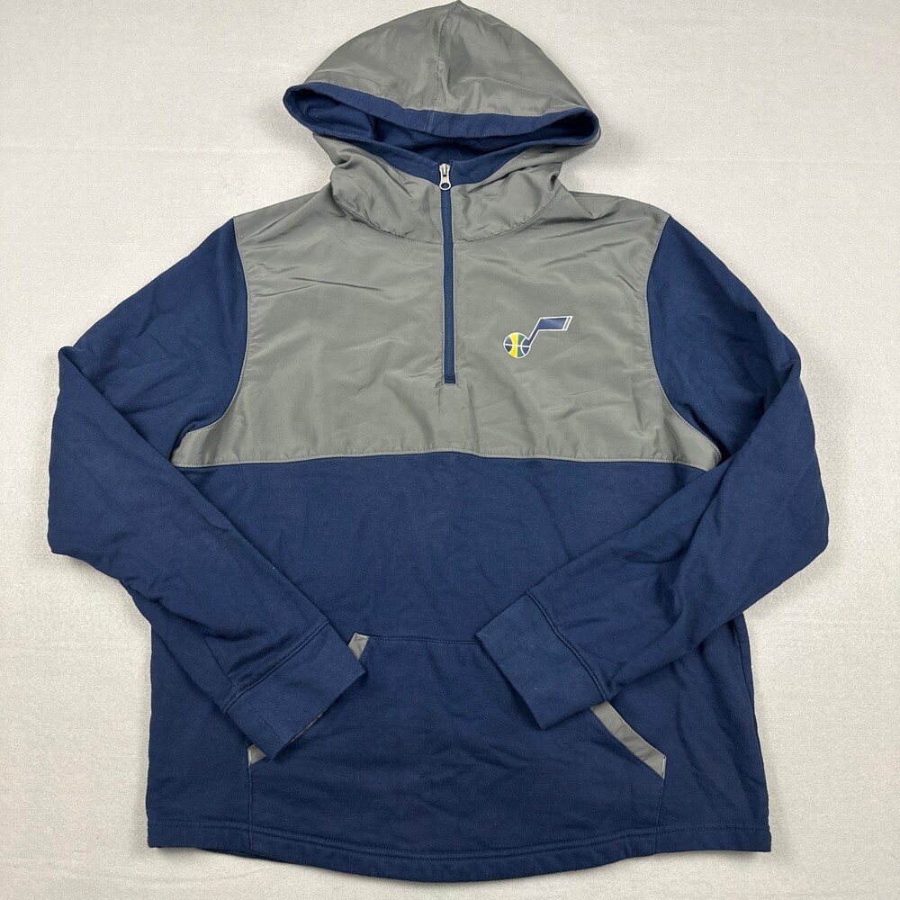 Utah Jazz Jacket Men Large Blue Gray NBA 1/4 Zip Hybrid Pullover Hood Pockets L